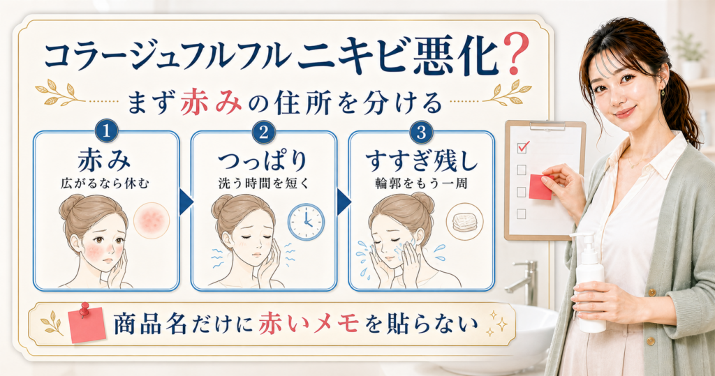 コラージュフルフルでニキビが悪化したように見える時に赤み、つっぱり、すすぎ残しを分けるアイキャッチ