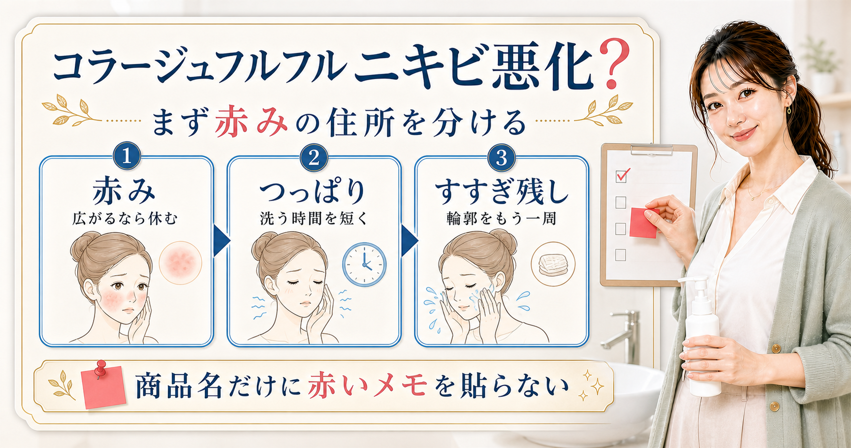 コラージュフルフルでニキビが悪化したように見える時に赤み、つっぱり、すすぎ残しを分けるアイキャッチ