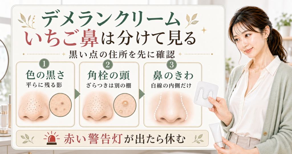 デメランクリームをいちご鼻に考える前に、色の黒さ、角栓の頭、鼻のきわを分けるアイキャッチ
