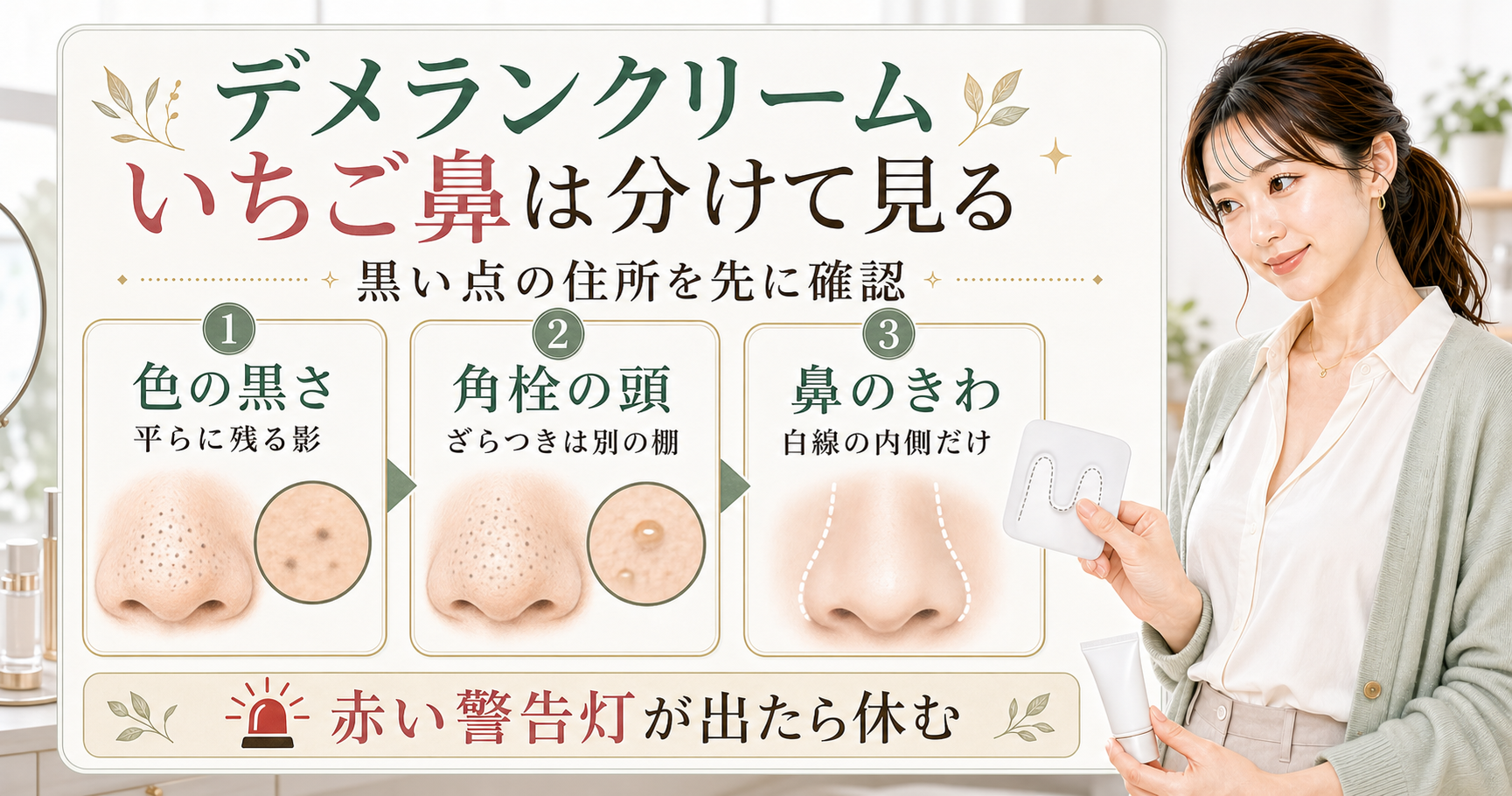 デメランクリームをいちご鼻に考える前に、色の黒さ、角栓の頭、鼻のきわを分けるアイキャッチ