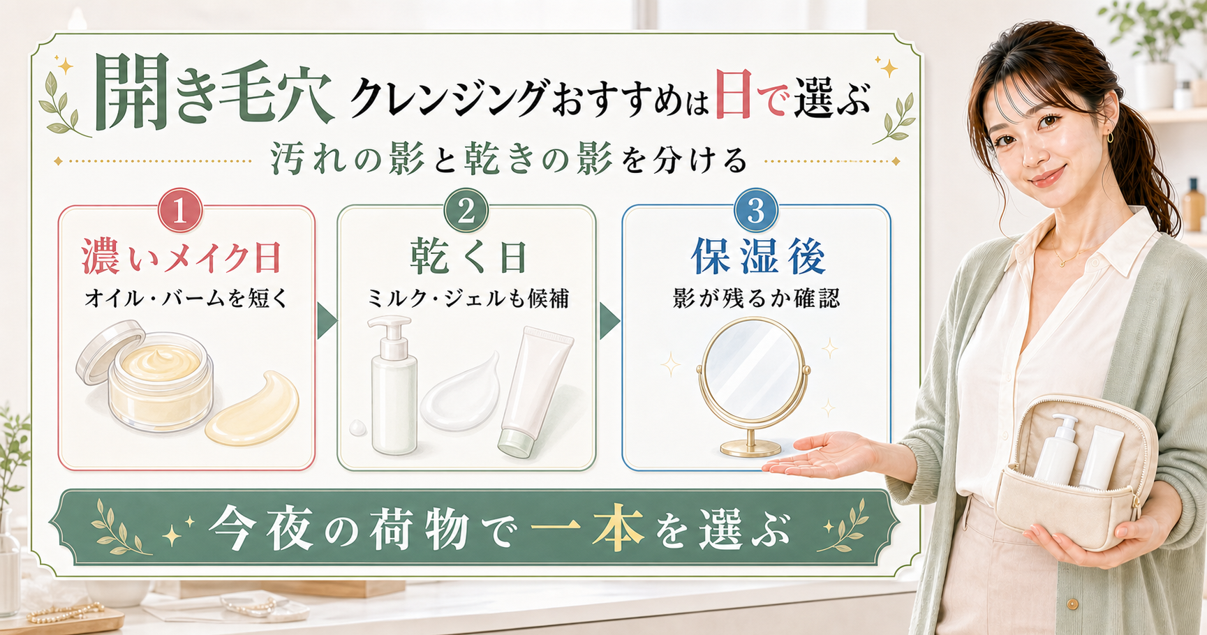 開き毛穴におすすめのクレンジングを濃いメイク日、乾く日、保湿後で選ぶアイキャッチ