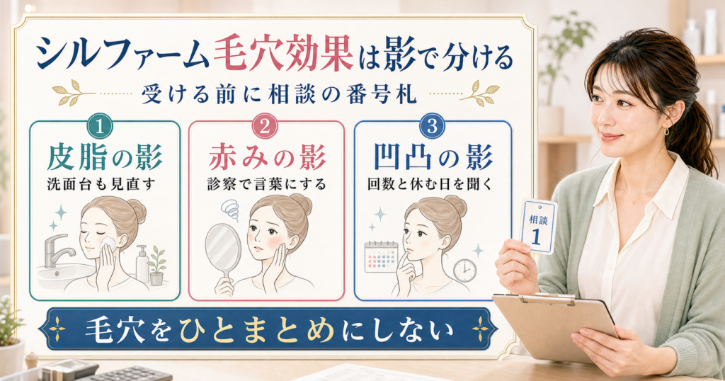 シルファームの毛穴効果を皮脂の影、赤みの影、凹凸の影に分けて相談するアイキャッチ