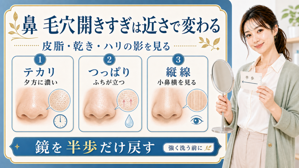 鼻の毛穴が開きすぎに見える時にテカリ、つっぱり、小鼻横の縦線を分けるアイキャッチ