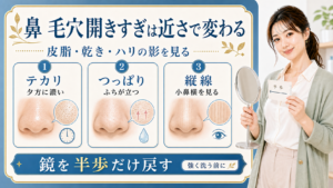 鼻の毛穴が開きすぎに見える時にテカリ、つっぱり、小鼻横の縦線を分けるアイキャッチ