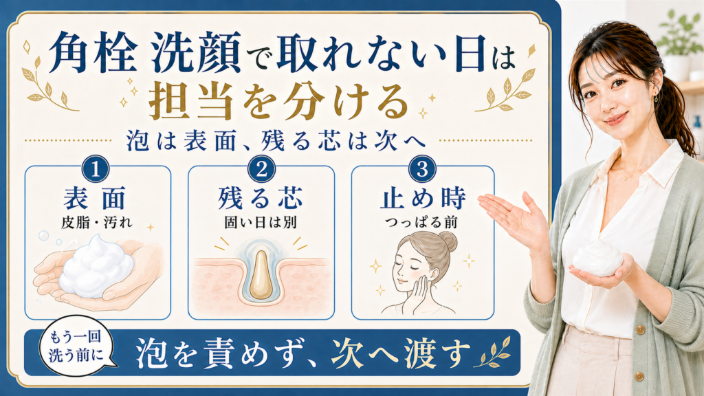 角栓が洗顔で取れない時に表面、残る芯、止め時を分けるアイキャッチ