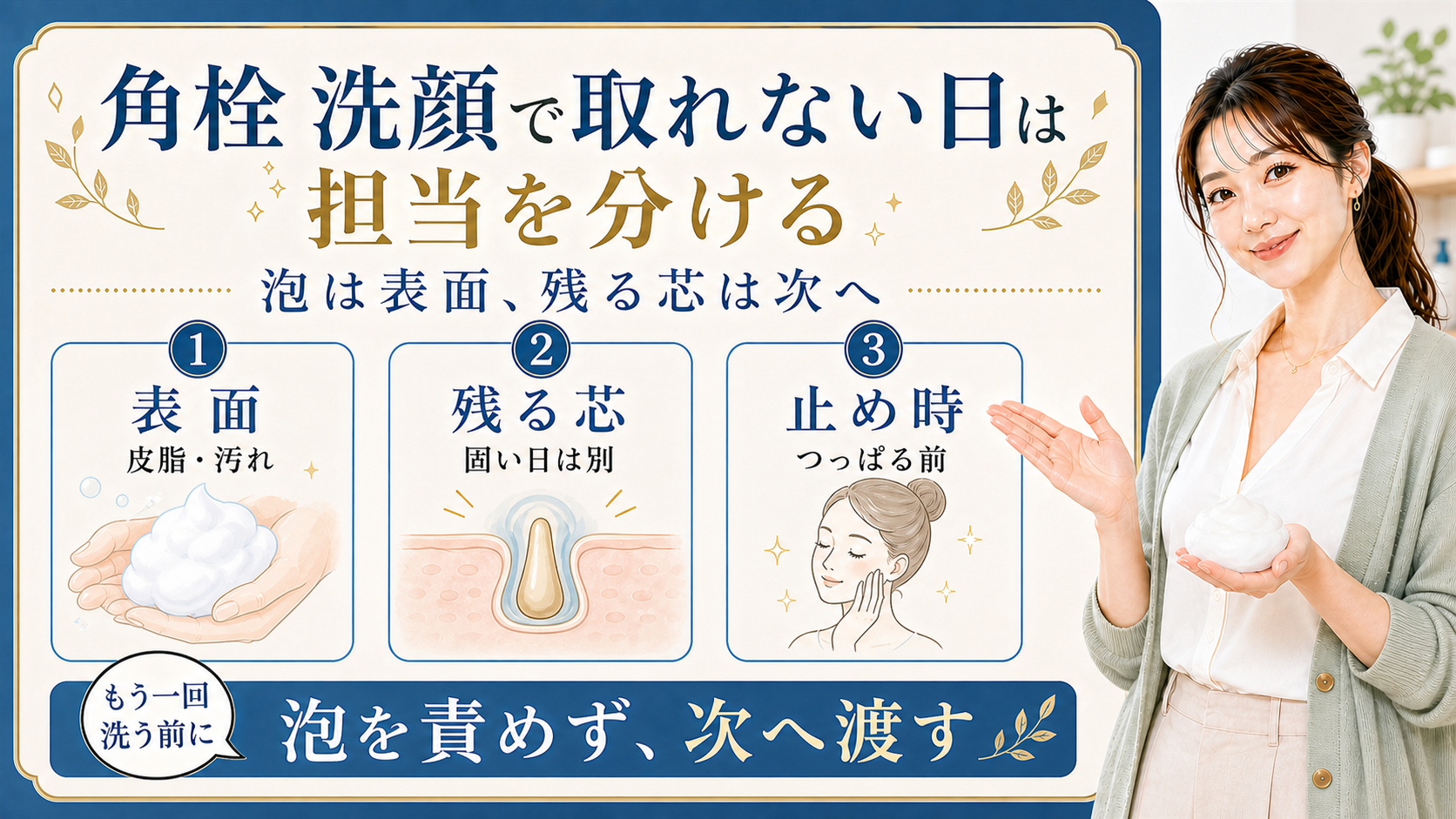 角栓が洗顔で取れない時に表面、残る芯、止め時を分けるアイキャッチ
