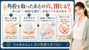 角栓を取ったあとの穴が閉じるかを一時的な開き・冷却・保湿で説明するアイキャッチ