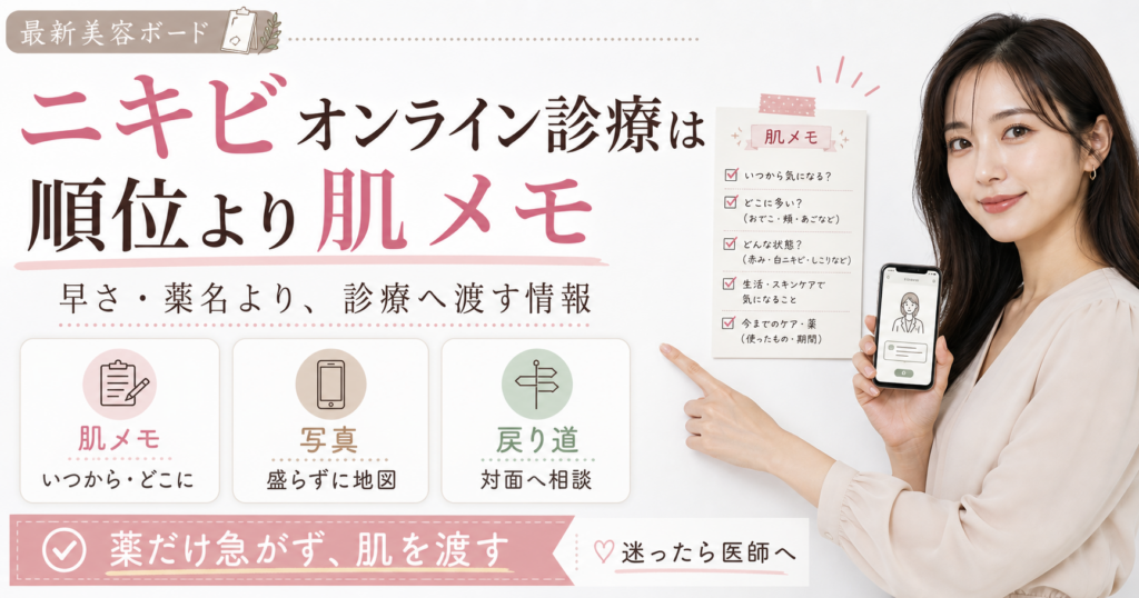 ニキビオンライン診療のおすすめを肌メモ、写真、対面相談の戻り道で整理する美容ボード