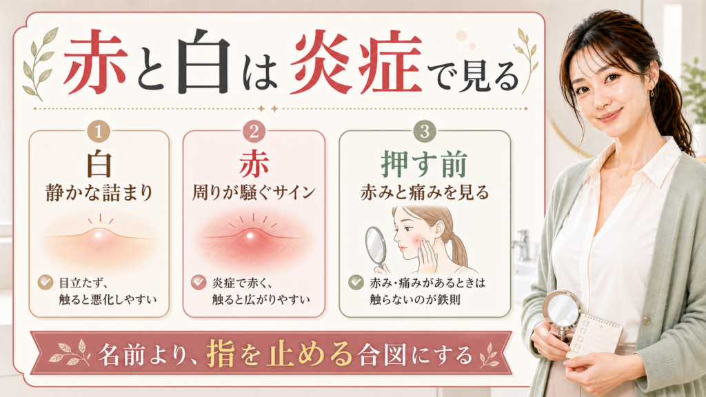 赤ニキビと白ニキビの違いを示す美容ボード。赤と白は炎症で見る、白は静かな詰まり、赤は周りが騒ぐサイン、押す前に赤みと痛みを見ると書かれたアイキャッチ