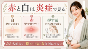 赤ニキビと白ニキビの違いを示す美容ボード。赤と白は炎症で見る、白は静かな詰まり、赤は周りが騒ぐサイン、押す前に赤みと痛みを見ると書かれたアイキャッチ