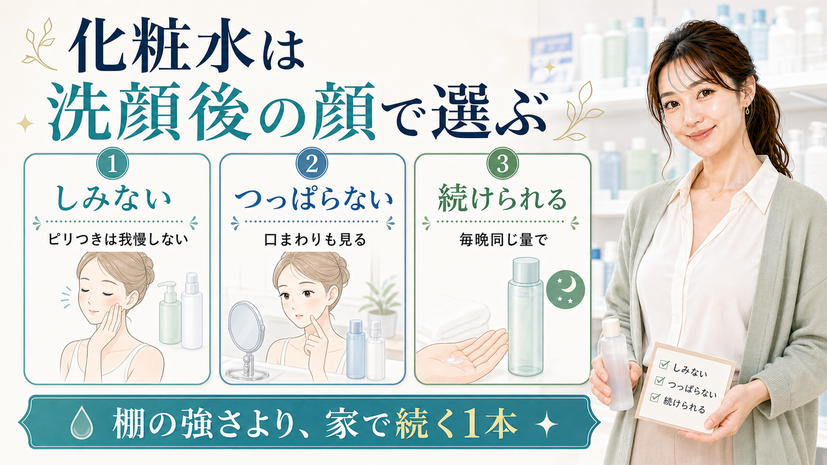 思春期ニキビ向け化粧水の選び方を示す美容ボード。化粧水は洗顔後の顔で選ぶ、しみない、つっぱらない、続けられる、棚の強さより家で続く1本と書かれたアイキャッチ