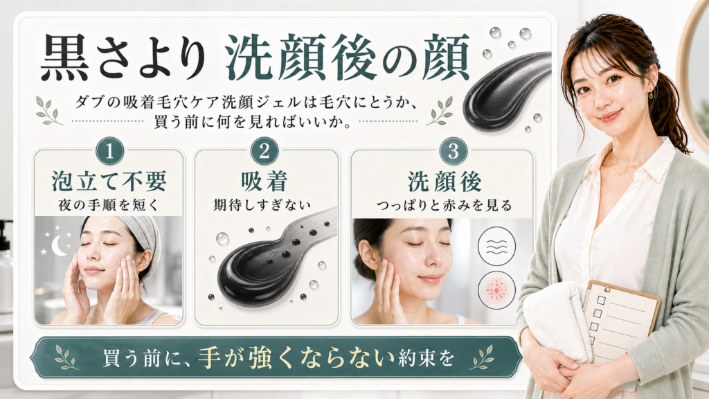 吸着毛穴ケア洗顔ジェルの購入前確認を示す美容ボード。黒さより洗顔後の顔、泡立て不要、吸着、洗顔後、買う前に手が強くならない約束をと書かれたアイキャッチ