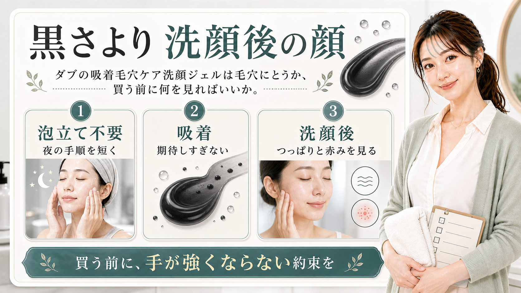 吸着毛穴ケア洗顔ジェルの購入前確認を示す美容ボード。黒さより洗顔後の顔、泡立て不要、吸着、洗顔後、買う前に手が強くならない約束をと書かれたアイキャッチ