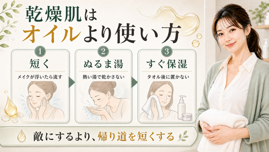 乾燥肌のクレンジングオイル使用法を示す美容ボード。乾燥肌はオイルより使い方、短く、ぬるま湯、すぐ保湿、敵にするより帰り道を短くすると書かれたアイキャッチ