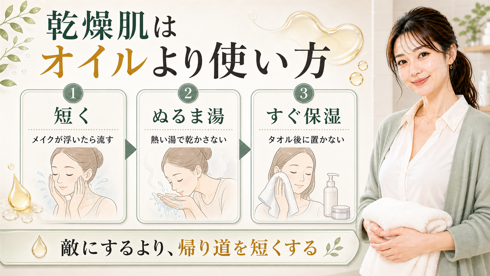 乾燥肌のクレンジングオイル使用法を示す美容ボード。乾燥肌はオイルより使い方、短く、ぬるま湯、すぐ保湿、敵にするより帰り道を短くすると書かれたアイキャッチ