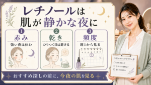 ニキビ跡レチノールの使い始めを示す美容ボード。レチノールは肌が静かな夜に、赤み、乾き、頻度、おすすめ探しの前に今夜の肌を見ると書かれたアイキャッチ