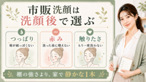 市販のニキビ洗顔を洗顔後のつっぱり、赤み、触りたさで選ぶ説明ボード