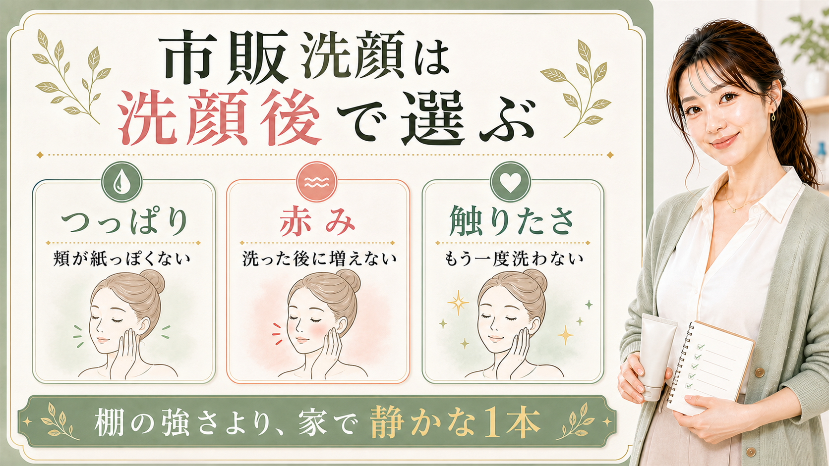 市販のニキビ洗顔を洗顔後のつっぱり、赤み、触りたさで選ぶ説明ボード