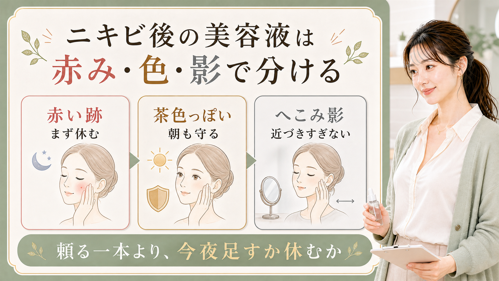 ニキビ後の美容液を赤み、茶色っぽさ、へこみ影で分けて考える美容ボード
