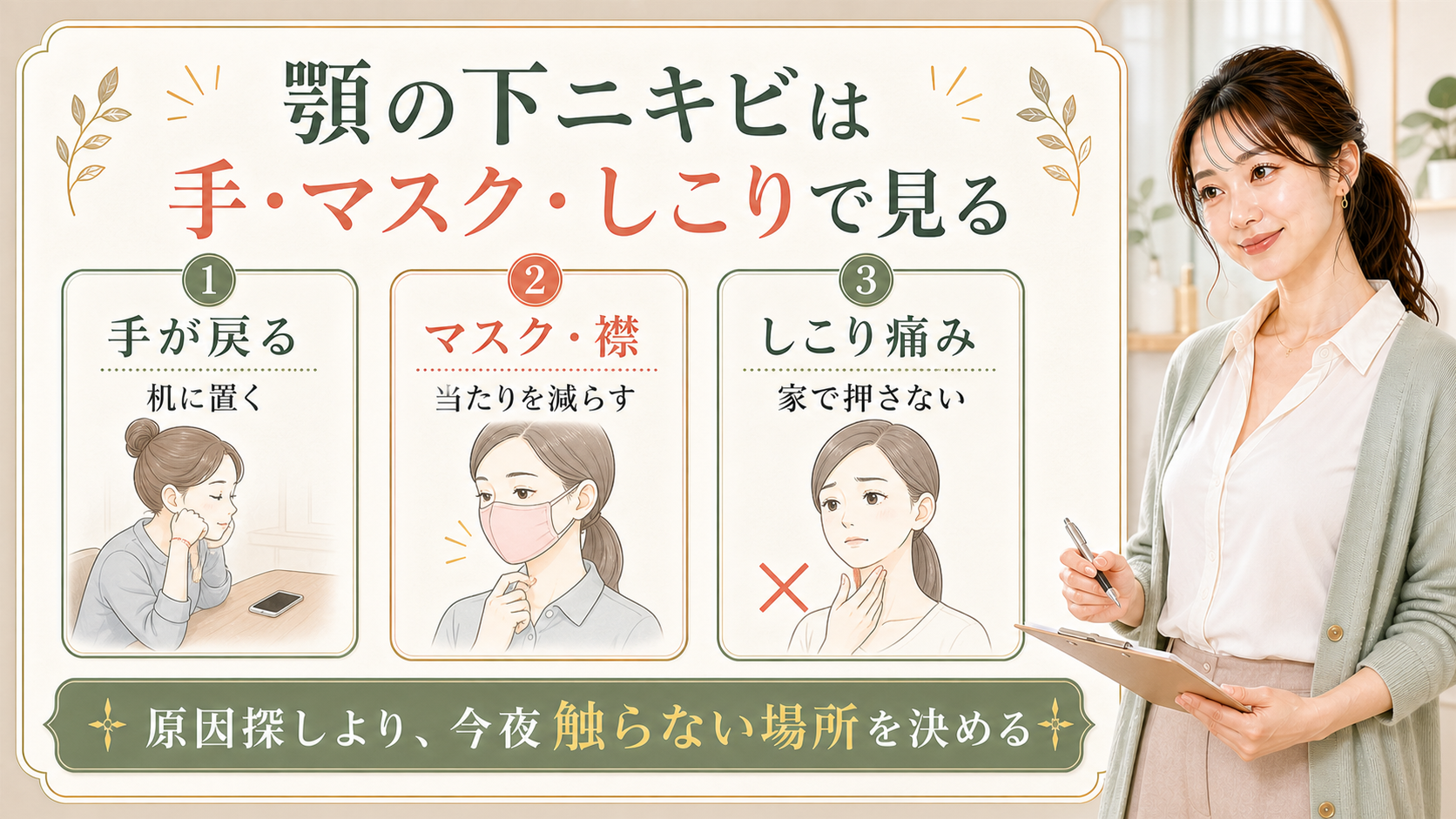 顎の下ニキビを手、マスク、しこり痛みで分けて押さない夜を決める美容ボード