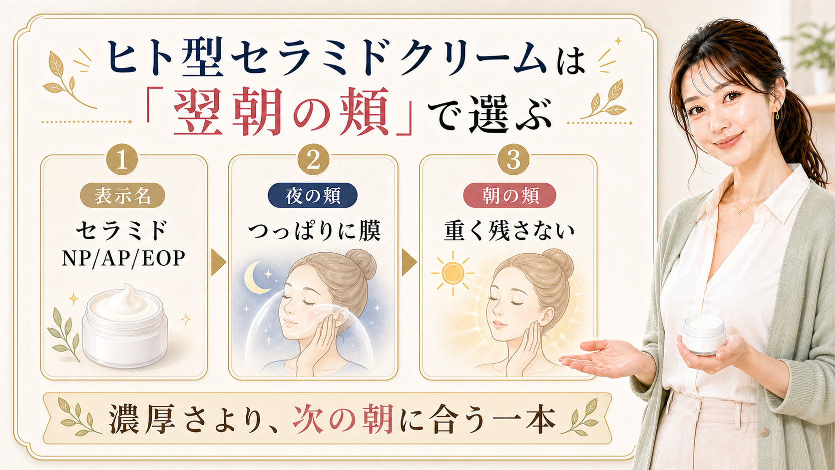 ヒト型セラミドクリームを表示名、夜の頬、朝の頬で選ぶ解説アイキャッチ