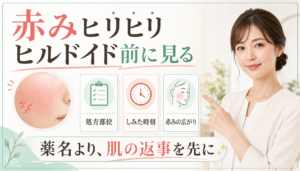 肌荒れの赤みヒリヒリでヒルドイドを塗る前に処方部位・しみた時刻・赤みの広がりを見る解説