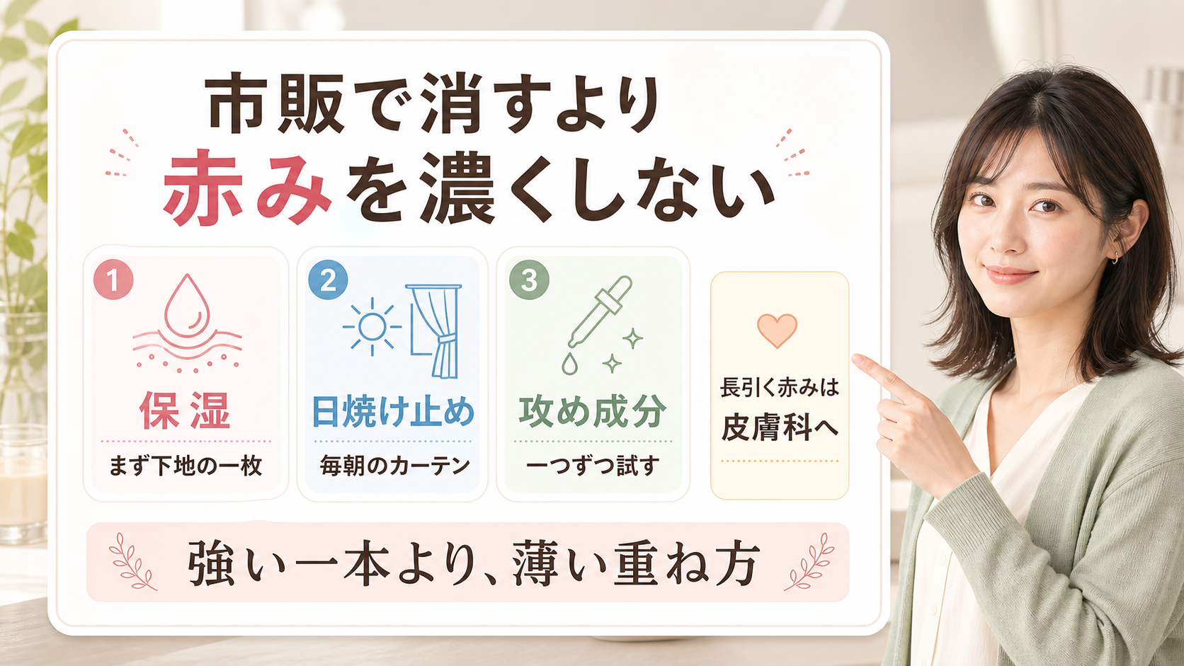 ニキビ跡の赤みを市販で消すより、保湿・日焼け止め・攻め成分を薄く重ねる解説
