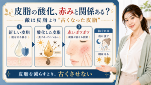 皮脂の酸化と小鼻の赤みの関係を新しい皮脂・酸化した皮脂・赤いポツポツで説明するアイキャッチ