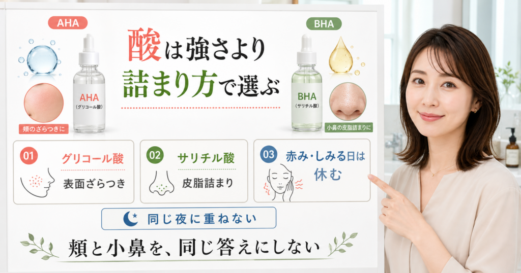 グリコール酸とサリチル酸は強さより肌の詰まり方で選ぶ