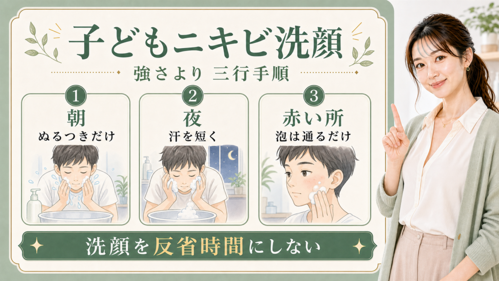 子どものニキビ洗顔は強く洗うより三行手順で続ける