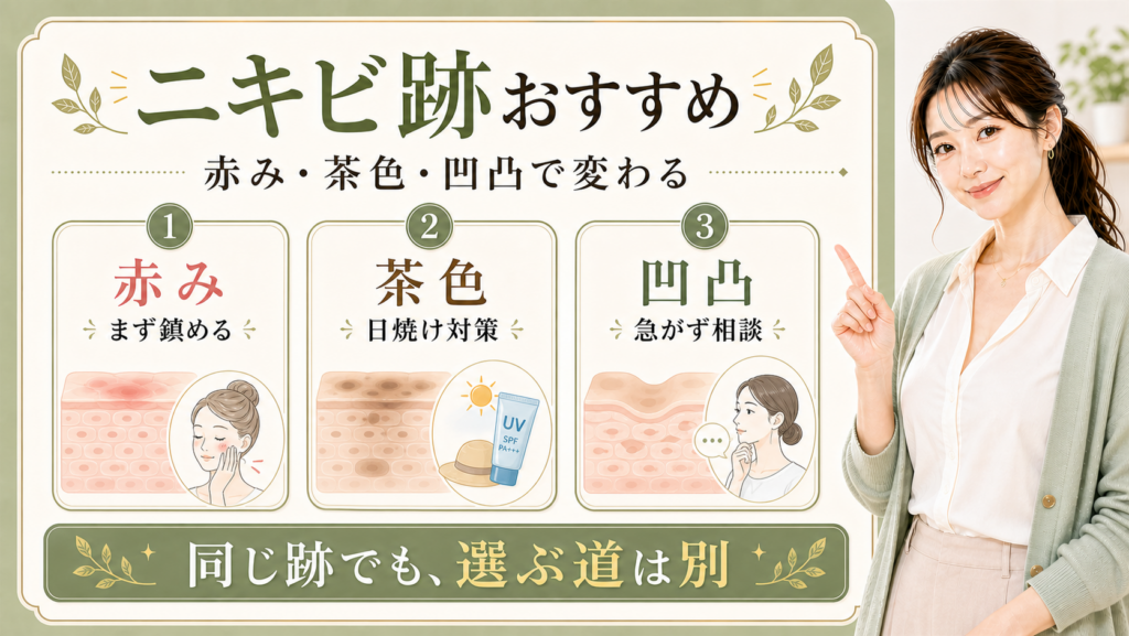 ニキビ跡におすすめは赤み茶色凹凸で選び方が変わる