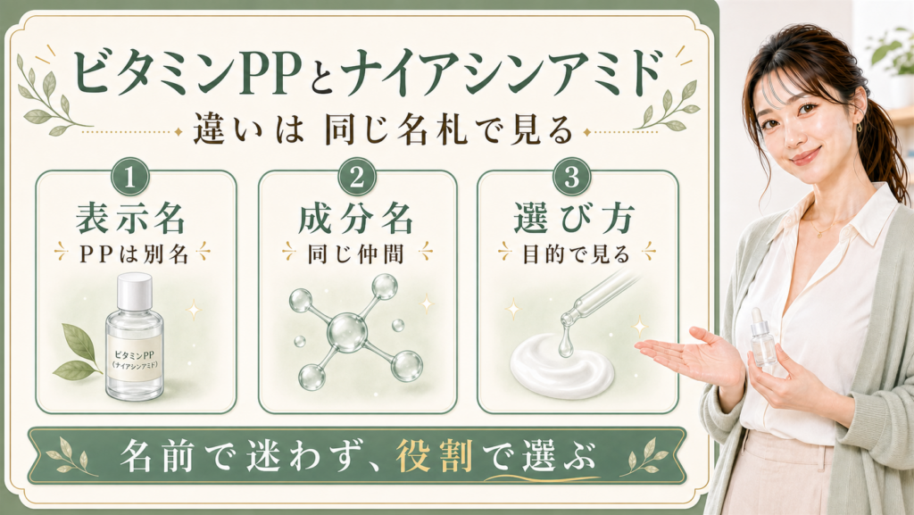 ビタミンPPとナイアシンアミドの違いは同じ名札として見る