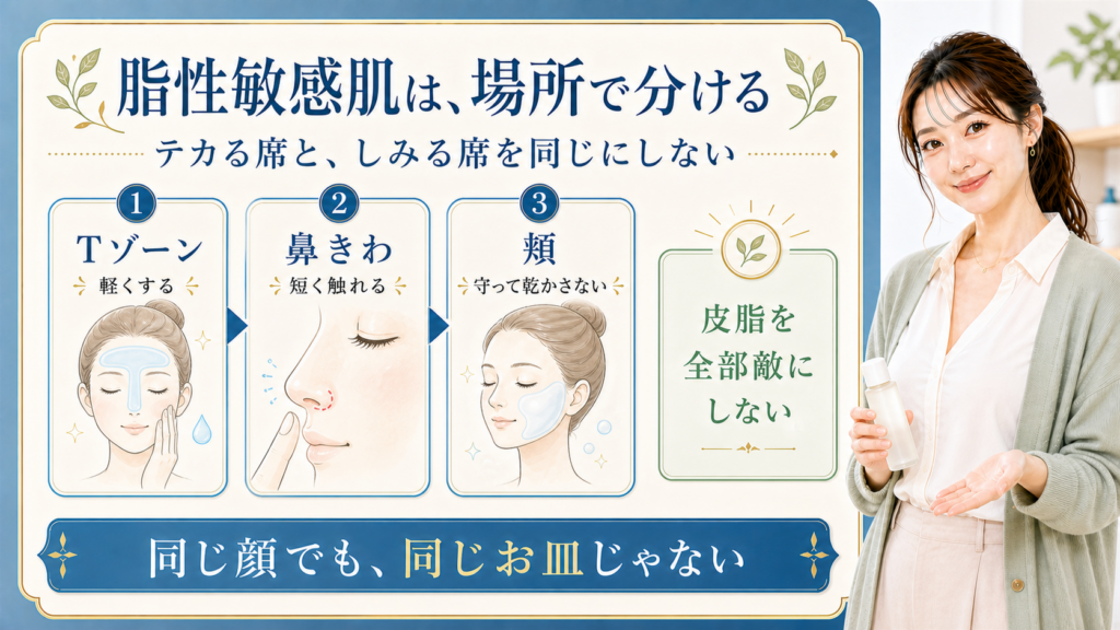 脂性敏感肌のスキンケアおすすめは？テカる席としみる席で分けるのアイキャッチ