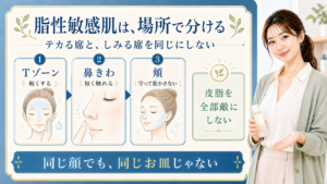 脂性敏感肌のスキンケアおすすめは？テカる席としみる席で分けるのアイキャッチ