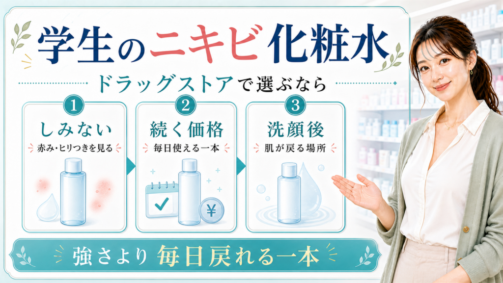 学生のニキビ化粧水をドラッグストアで選ぶ時の三つの基準を示す美容ボード