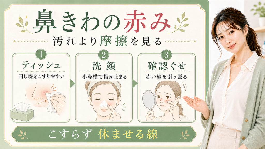 鼻きわの赤みを汚れではなく摩擦として三つの場面で示す美容ボード