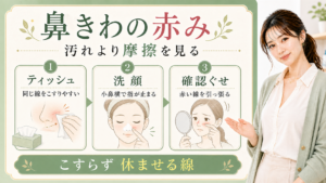 鼻きわの赤みを汚れではなく摩擦として三つの場面で示す美容ボード