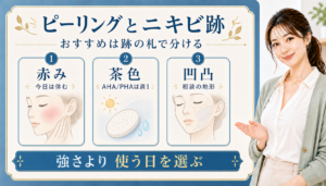 ピーリングをニキビ跡に使う前に赤み茶色凹凸の三つで分ける美容ボード