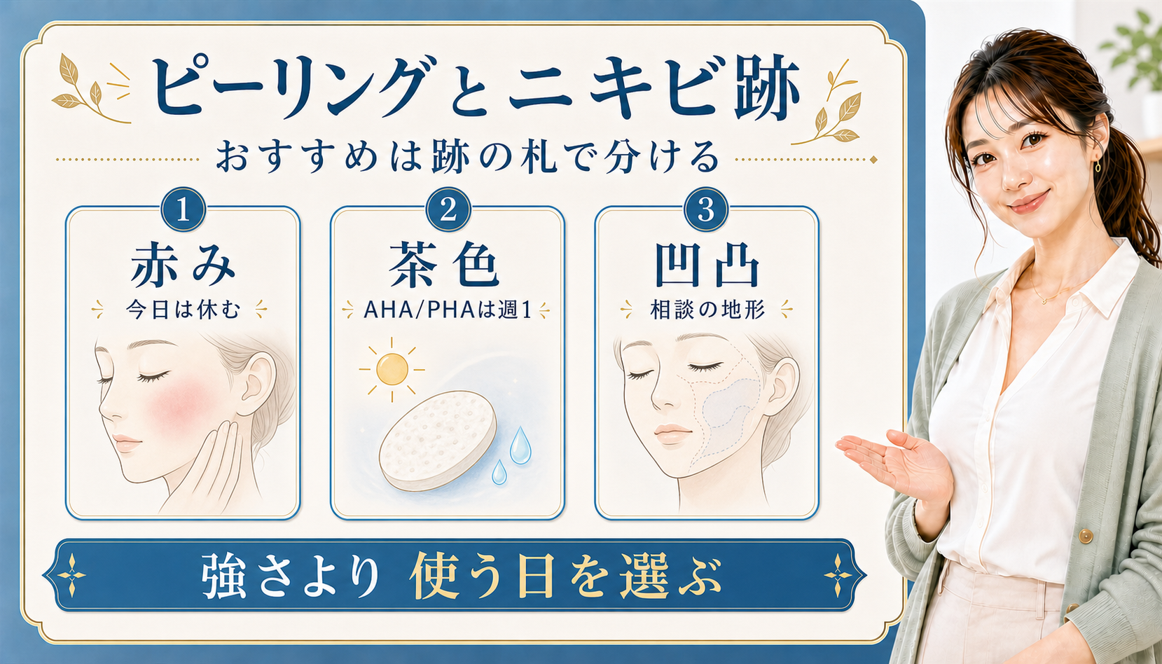 ピーリングをニキビ跡に使う前に赤み茶色凹凸の三つで分ける美容ボード