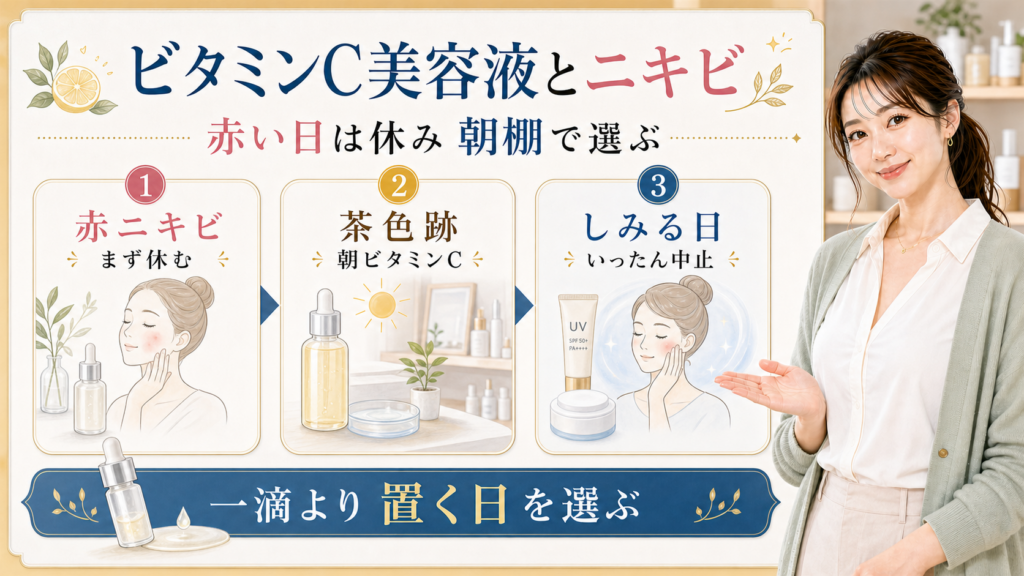 ビタミンC美容液をニキビに使う前に赤い日茶色跡しみる日で分ける美容ボード