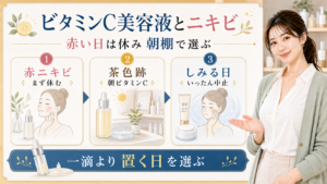 ビタミンC美容液をニキビに使う前に赤い日茶色跡しみる日で分ける美容ボード