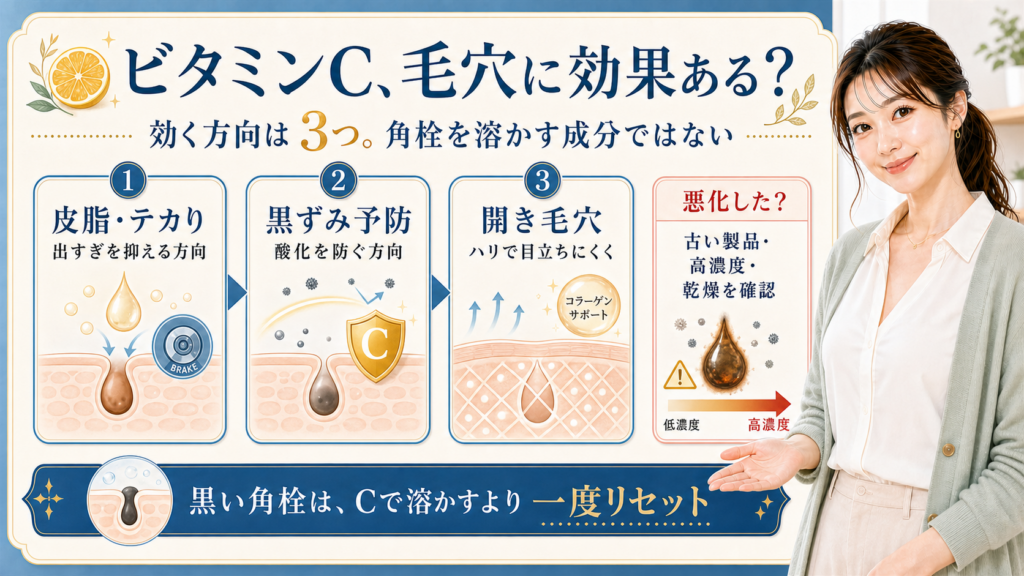 ビタミンCが毛穴に効く方向を皮脂・黒ずみ予防・開き毛穴で説明するアイキャッチ