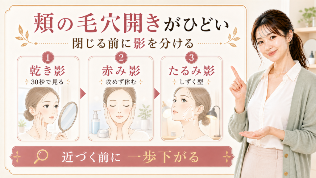 頬の毛穴開きがひどい時に乾き影赤み影たるみ影を分ける美容ボード