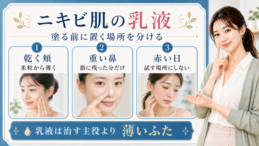 ニキビ肌の乳液選びを乾く頬重い鼻赤い日で分ける美容ボード