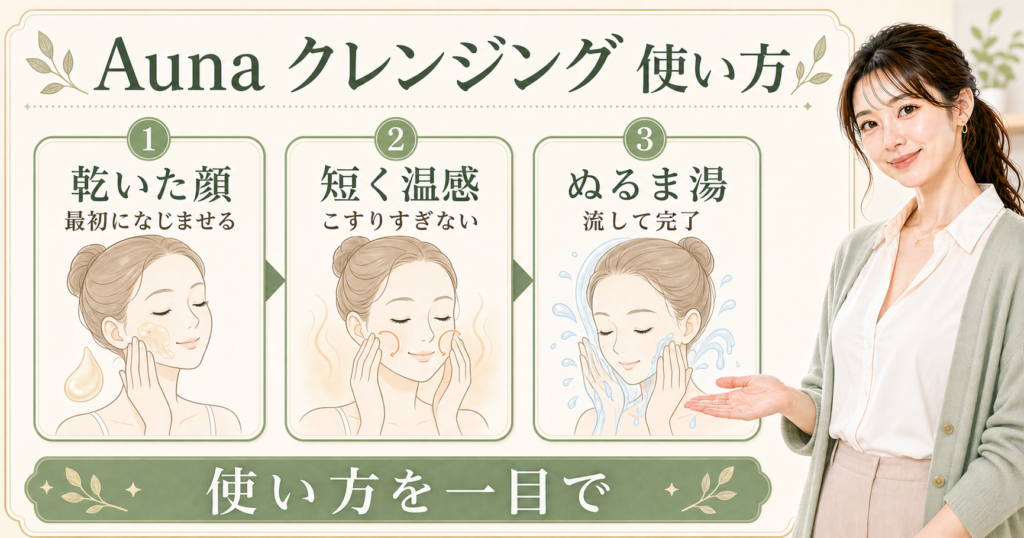 Auna クレンジングの使い方を乾いた顔・短く温感・ぬるま湯で示すBeauty Board