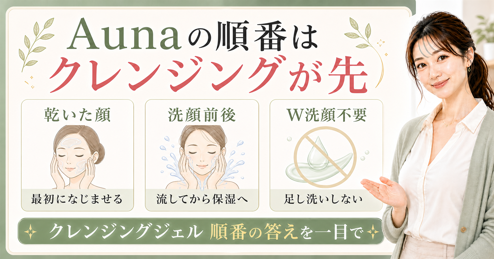 Auna マイルドホットクレンジングジェルの順番をクレンジングが先・乾いた顔・W洗顔不要で示すBeauty Board