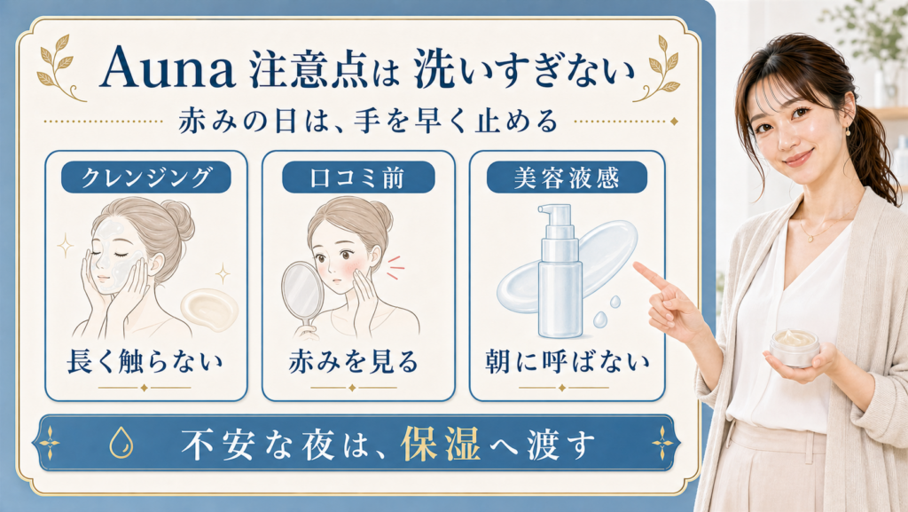 Auna マイルドホットクレンジングジェルの注意点は洗いすぎないことと説明するBeauty Board