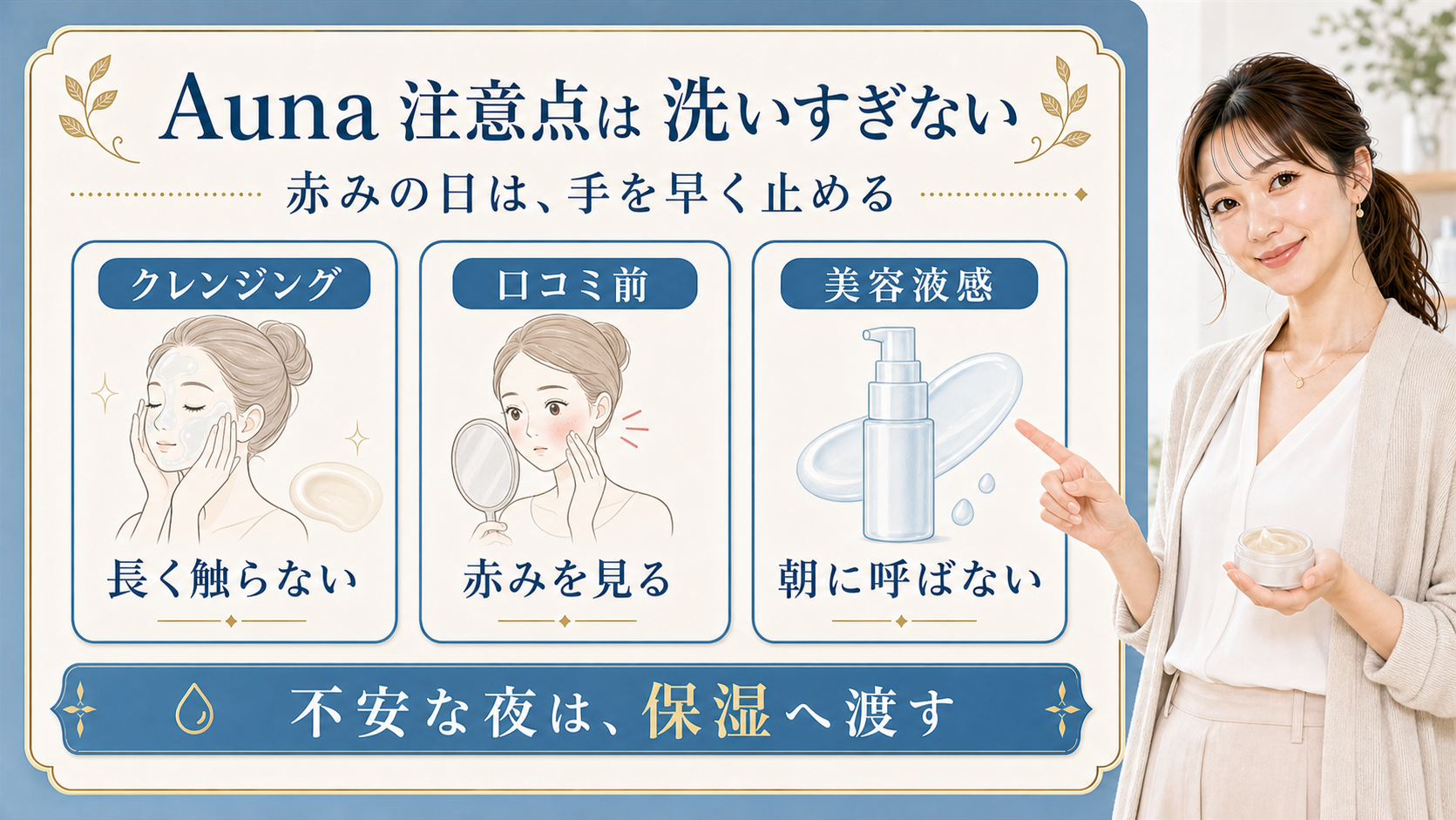 Auna マイルドホットクレンジングジェルの注意点は洗いすぎないことと説明するBeauty Board