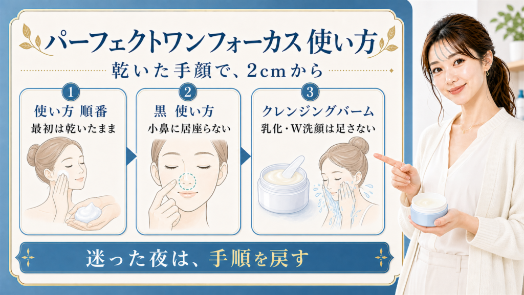 パーフェクトワンフォーカス スムースクレンジングバーム カーミングの使い方を説明するBeauty Board
