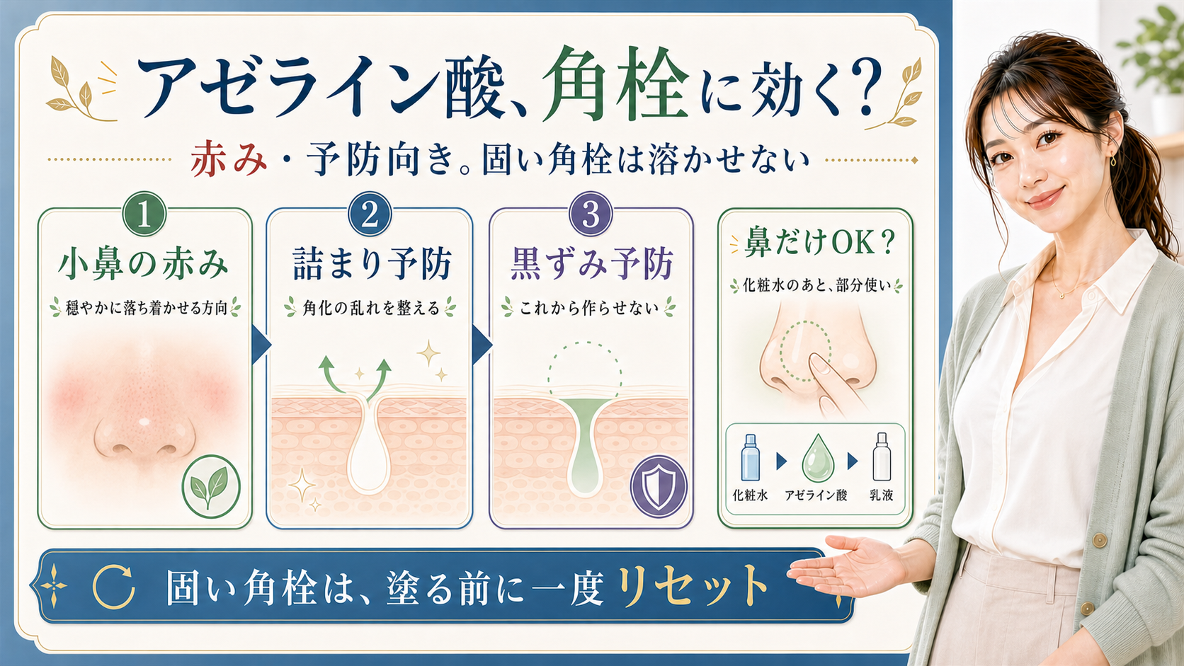 アゼライン酸が角栓や小鼻の赤み、黒ずみ予防にどう使えるかを説明するアイキャッチ